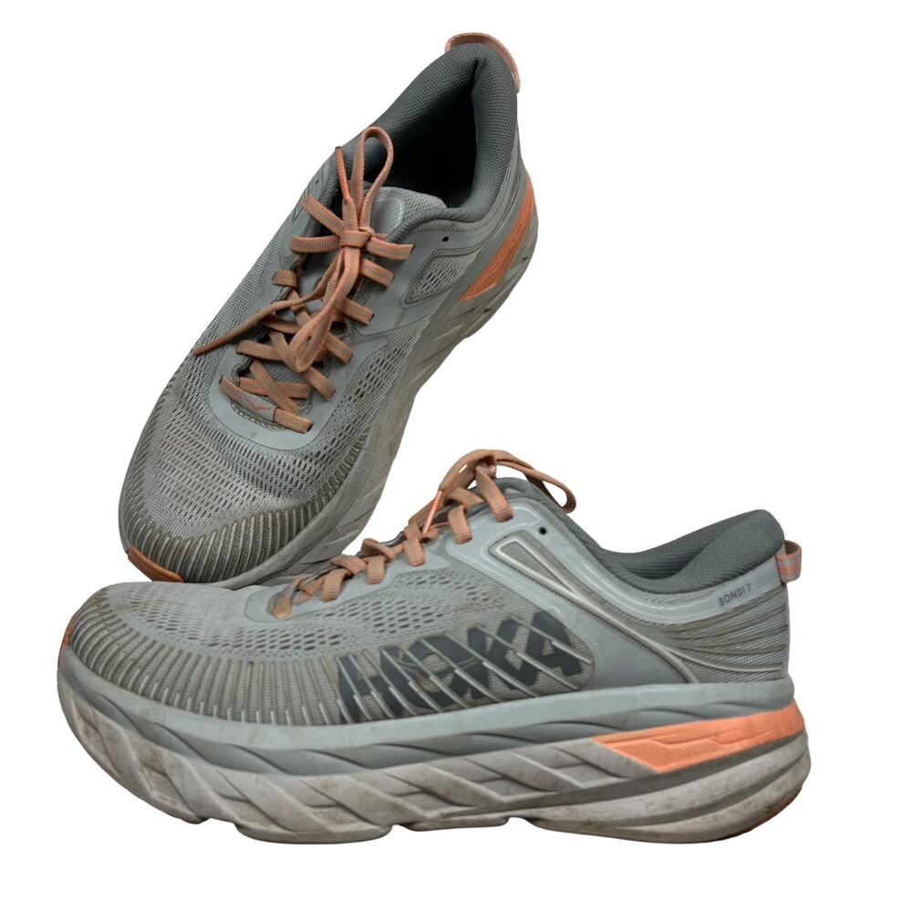 Hoka One One Bondi 7 Harbor Mist Grey Peach 1110519-HMSH Womens Size 9 Running